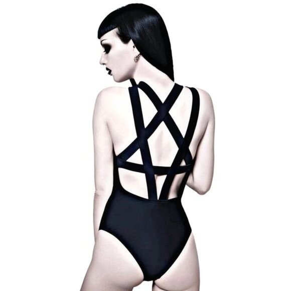 Killstar ✦ Grave One-Piece Suit ✦ Black Pentagram Back Graphic Rare 2016 HTF - Picture 1 of 9